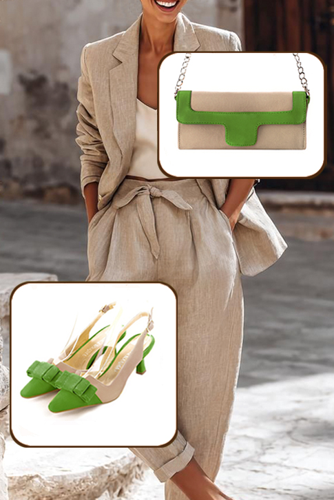 Women's grass green and tan beige elegant slingback heels, with a bow on the front. Tapered toe. Medium spool heels - Worn view